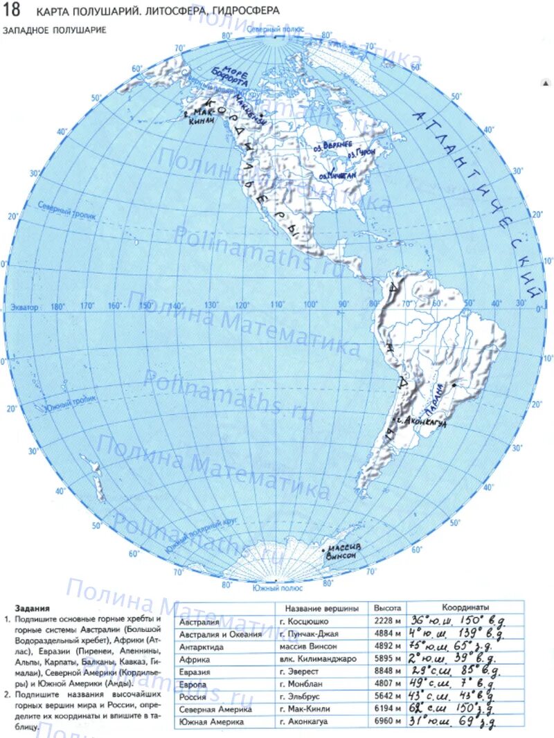 Контурная карта 5 класс география карта полушарий Летягин ответы. Карта полушарий 6 класс география контурная карта ответы.