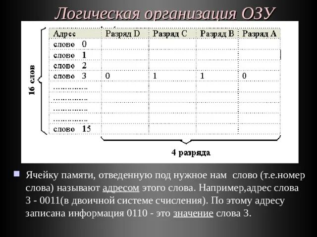 Адрес ячейки оперативной памяти. Логическая организация оперативной памяти. Адресация ячеек ОЗУ. Логические ячейка оперативной памяти.