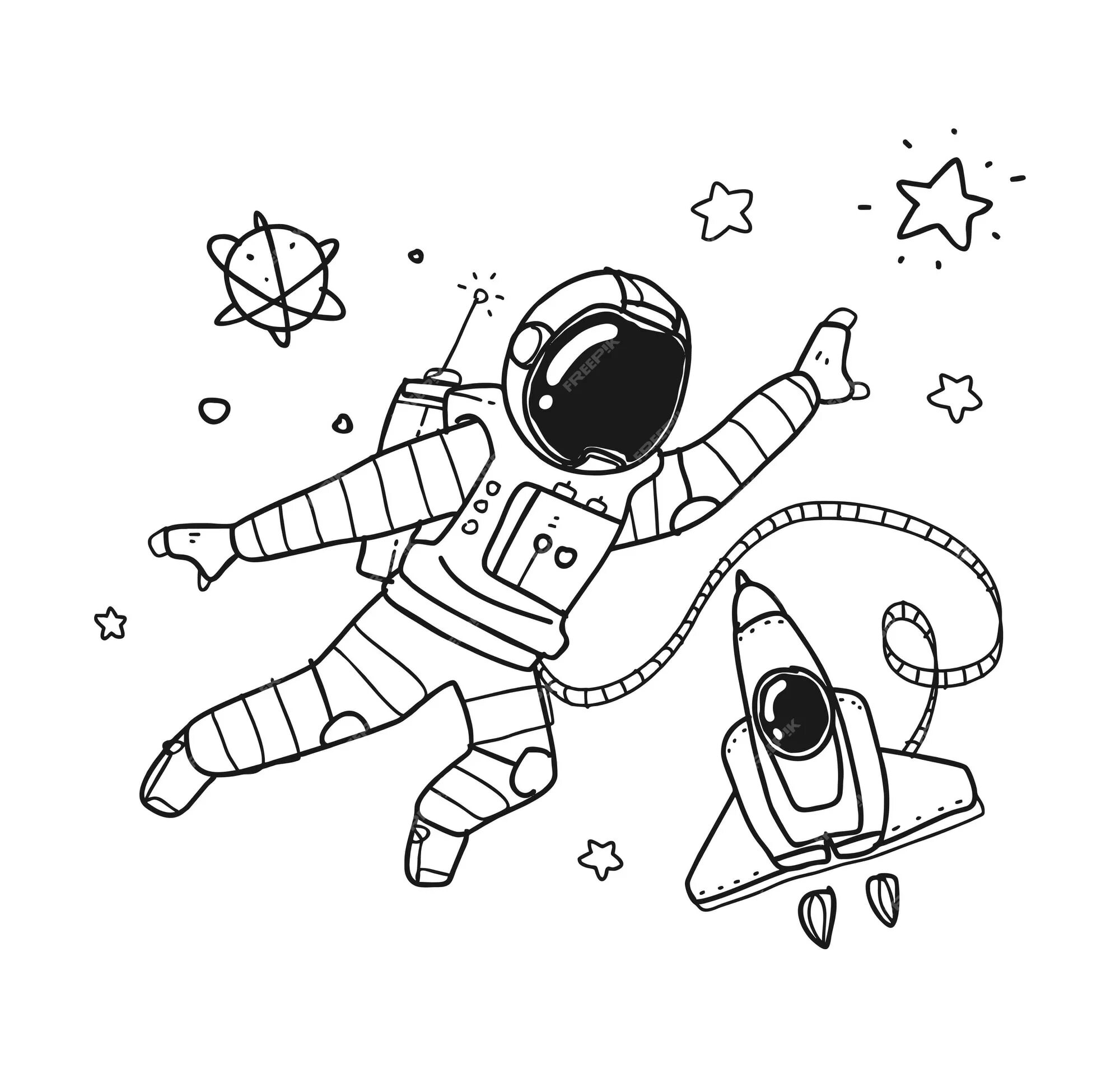 Космонавт в движении. Космические контурные рисунки. космонавт детский черно белый. космонавт карандашом для детей. космонавт чб контур.