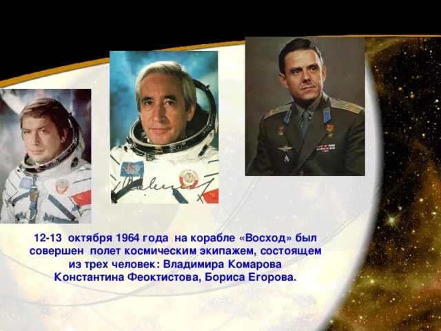 Владимир комаров константин феоктистов борис егоров восход 1. Полет 1964 года. Комаров феоктистов егоров восход 1964. Полет 1964 года. Полет 1964 года.