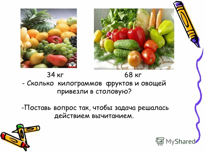 Поставь вопрос так чтобы задача решалась двумя действиями. Запиши решение задачи. В школьную столовую завезли овощи. В магазин привезли 13. Груш больше чем лимонов.