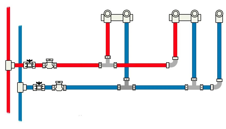 Тройниковая схема разводки воды. Тройниковая разводка труб схема. Схемы тройниковой разводки водопровода. Схема подключения пропиленовых труб.