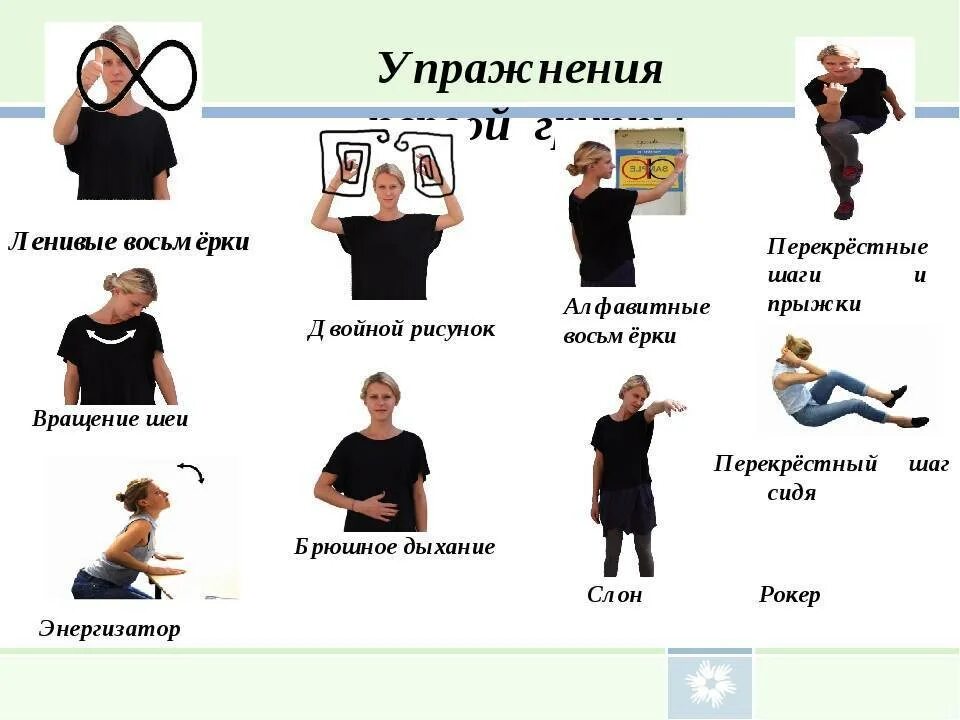 Упражнения для улучшения работы памяти. Гимнастика мозга. гимнастика для мозга упражнения. упражнения для активизации мозга. нейрогимнастика упражнения.