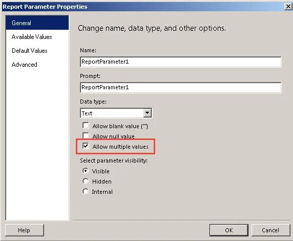 Allow multiple. Репорт панель. MS CRM 2011 SSRS настройка доступа. Available options. SSRS expression из строки в число.