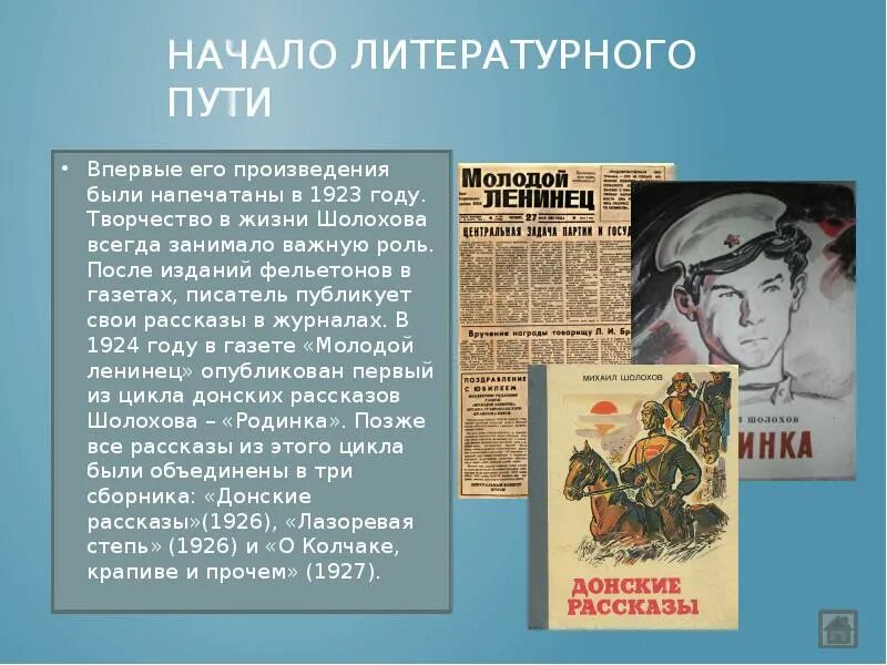 Первым литературным произведением было. Начало литературного пути Шолохова. Первые произведения Шолохова. Шолохов первые произведения. Творческая жизнь Шолохова.