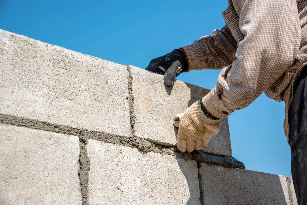 Blocking construction. Masonry cement. concrete block masonry. construction block. каменная кладка строительная площадка.