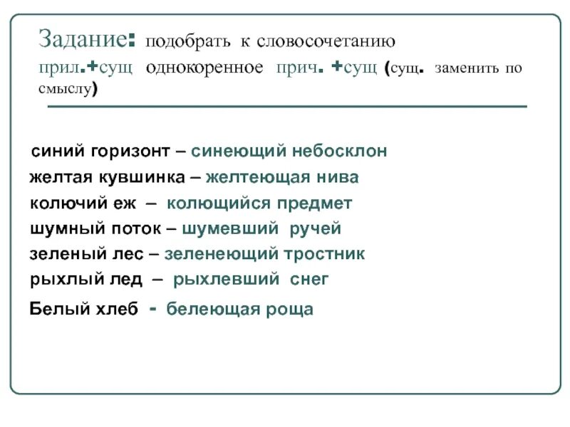 Прич сущ словосочетание. Словосочетание Причастие плюс существительное. Прил сущ словосочетания. Словосочетание прилагательное плюс существительное