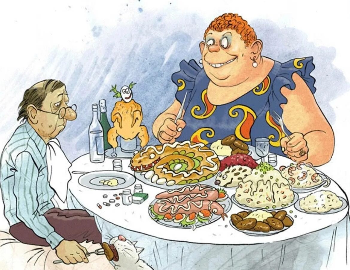 После сытного ужина лене предложили съесть. Еда карикатура. Ужин карикатура. Юмористические иллюстрации. Карикатуры про еду.