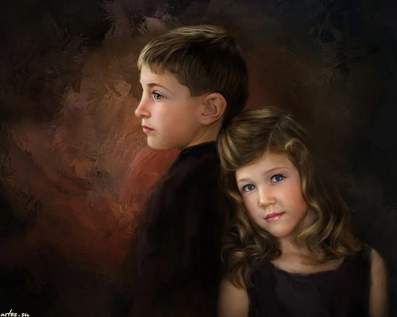 Первый с родной сестрой. Картина мальчик и девочка. Портрет мальчика и девочки. Картина старший брат.