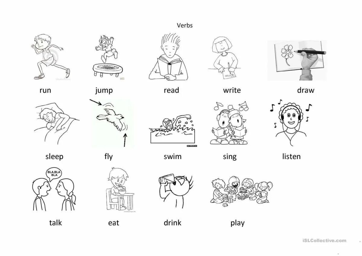 Read write take sit play look swim