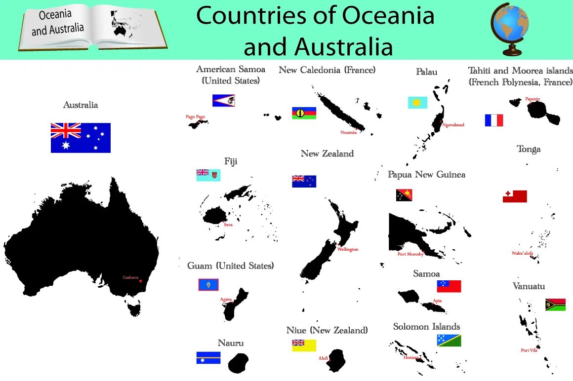 Австралия и океания территория. Государства Австралии и Океании на карте. Политическая карта Австралии и Океании со странами. Австралия и Океания их столицы. Флаги государств Австралии и Океании.