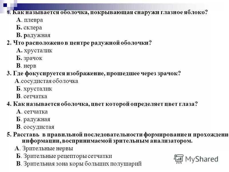 Тест по биологии органы чувств анализаторы