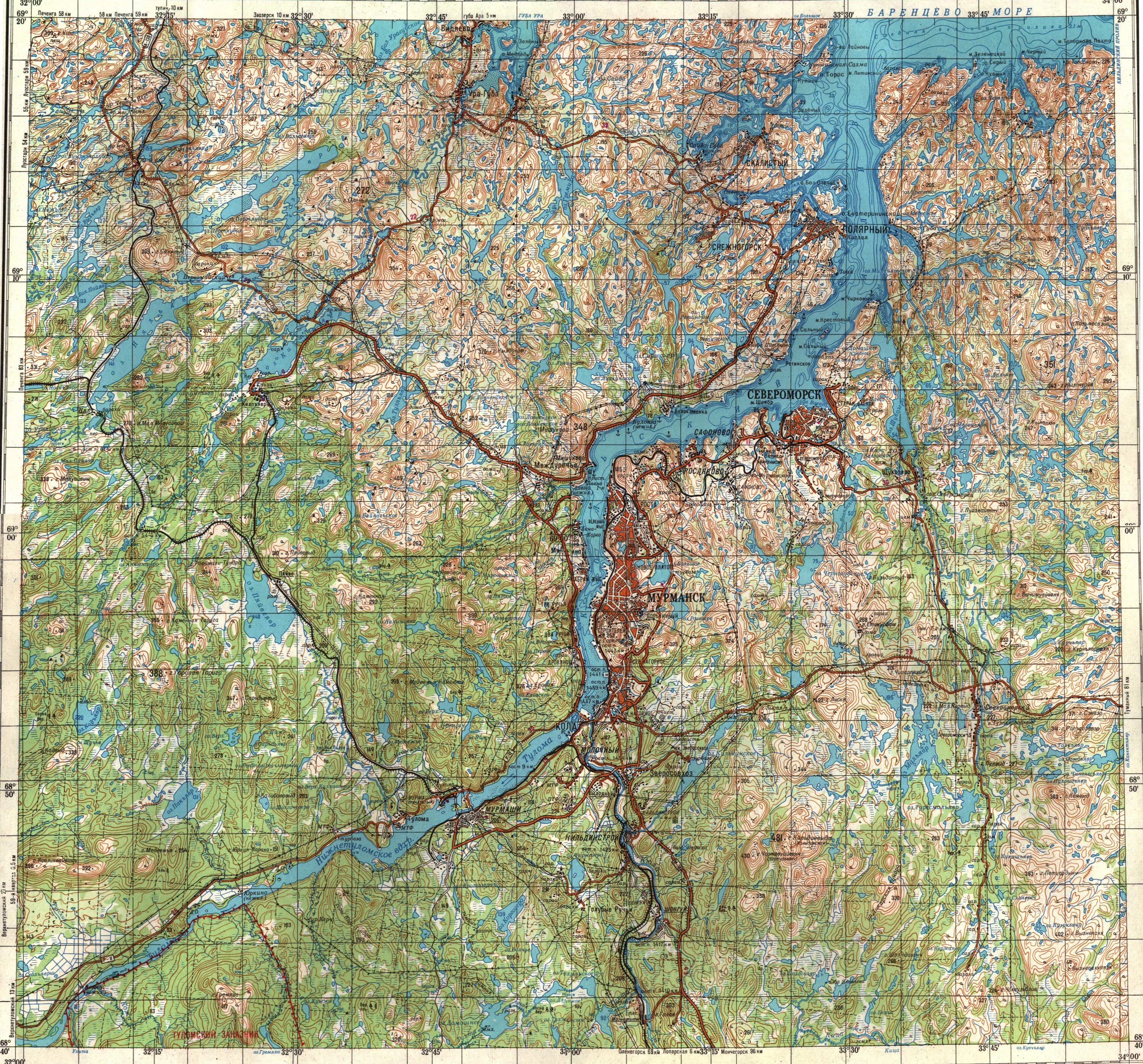 Масштаб мурманск. Топографическая карта мурманска. топографическая карта мурманской области. топокарта кольского полуострова. карта генштаба кольского полуострова.