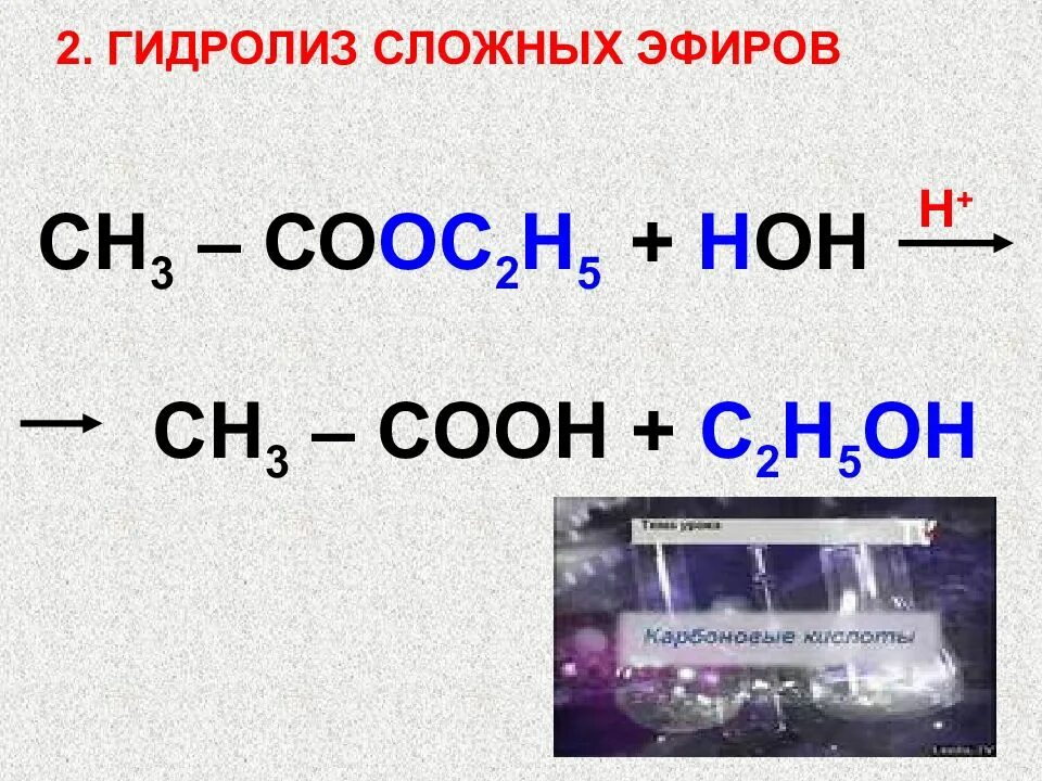 С2н5он кислота. С2н5он сн3соос2н5. сн3соон + с2н5он = сн3соос2н5 + н2о. гидролиз сложных эфиров. с2н5он о2 сн3соон н2о.
