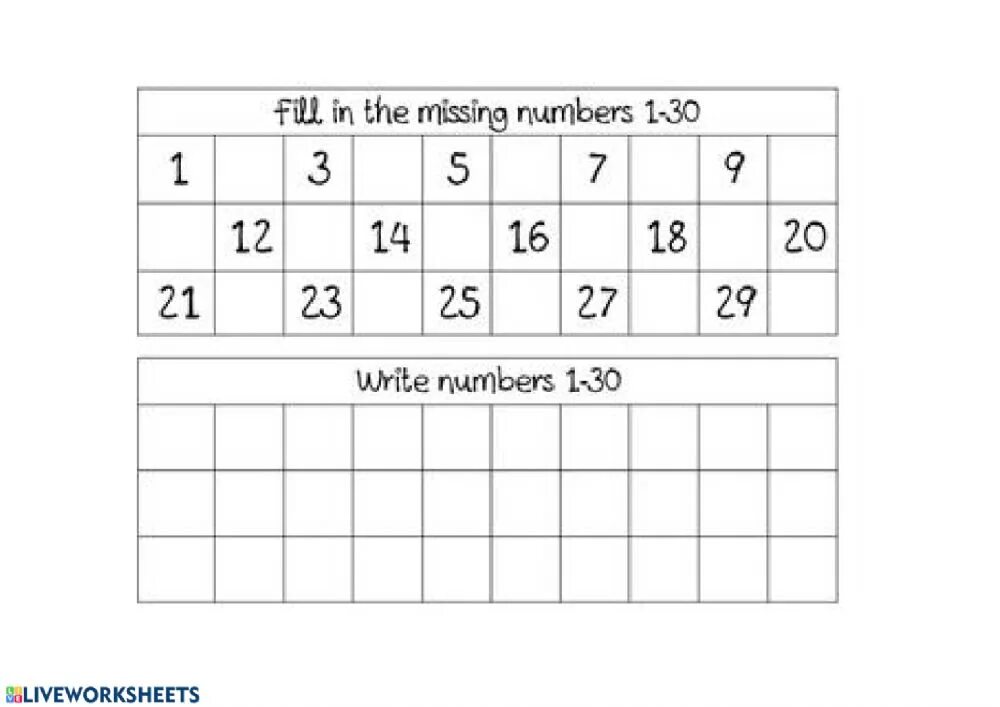 Numbers 1 to 30. Numbers LIVEWORKSHEETS. Numbers 1-30 Worksheets. Count 1-30. 30 activities