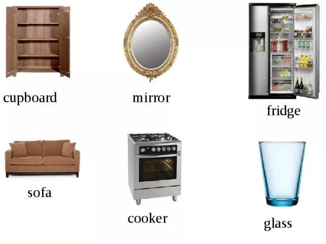 There are two glasses in the cupboard. Cupboard Fridge Mirror Sofa Cooker Glass. Cupboard Fridge Mirror Sofa Cooker Glass Bath произношением. Мебель на английском. Шкаф по английскому языку.