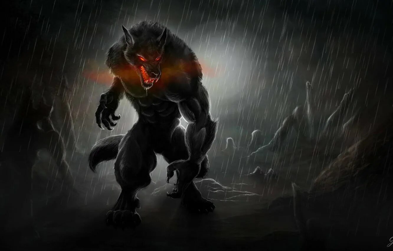 Wolf gaming wallpapers. Night Rain Fantasy Werewolf Phone Desktop.