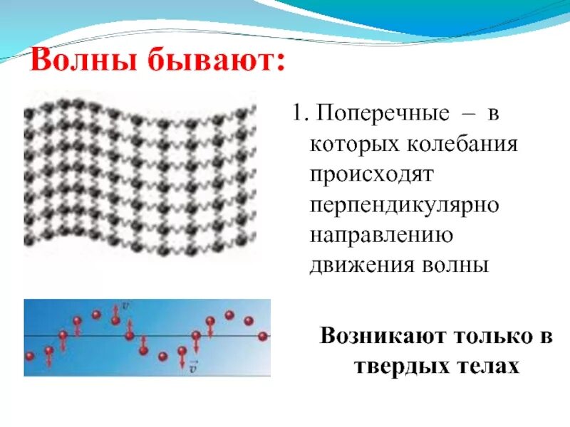 Движение волн. Волновое движение. Поперечная волна в твердом теле. Механические волны в твердых телах. Виды волн.