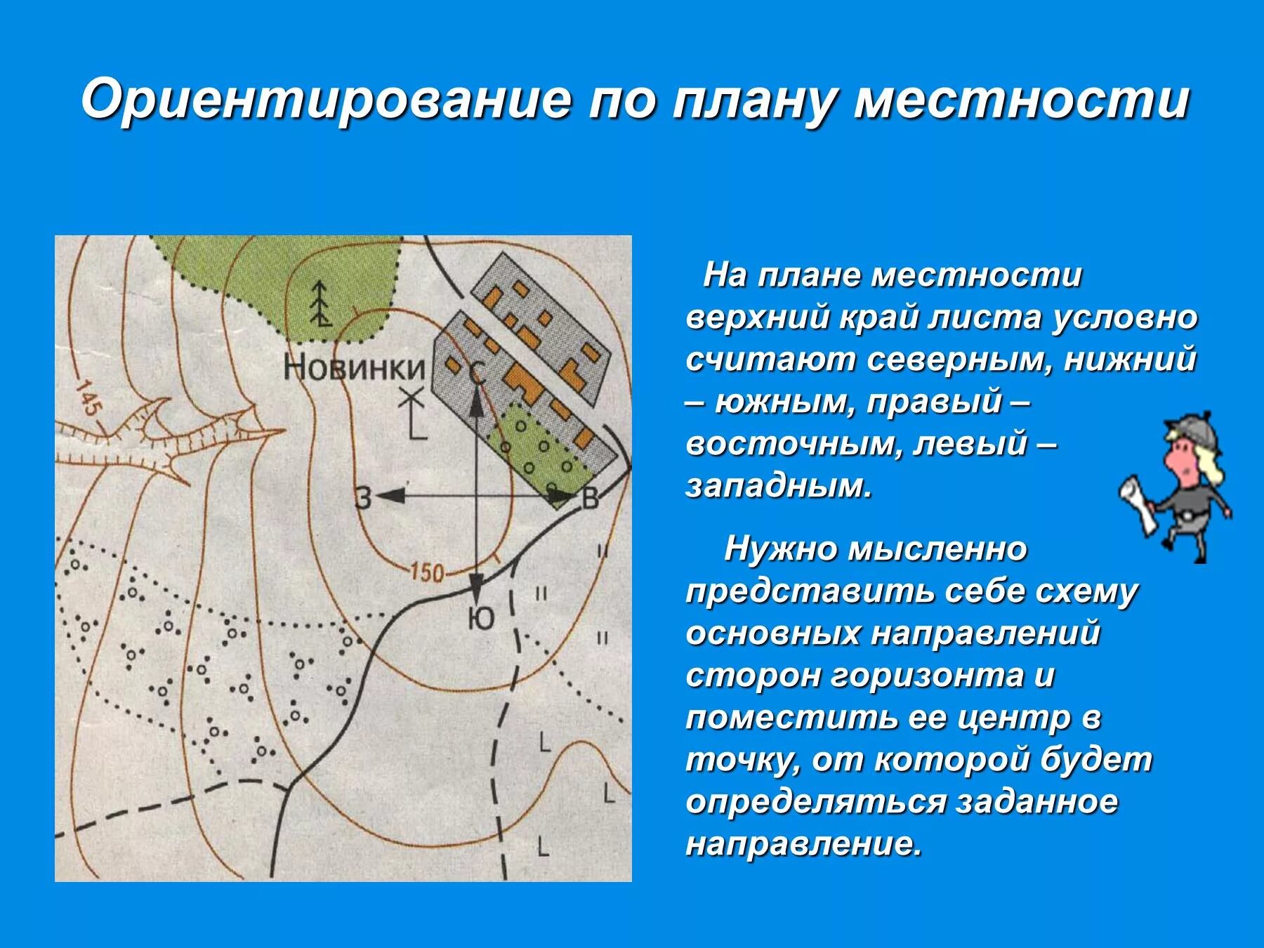 Какая местность отношения. Ориентирование по плану местности стороны горизонта. Ориентирование по плану местности Азимут. Ориентирование план местности география. Условный план местности.