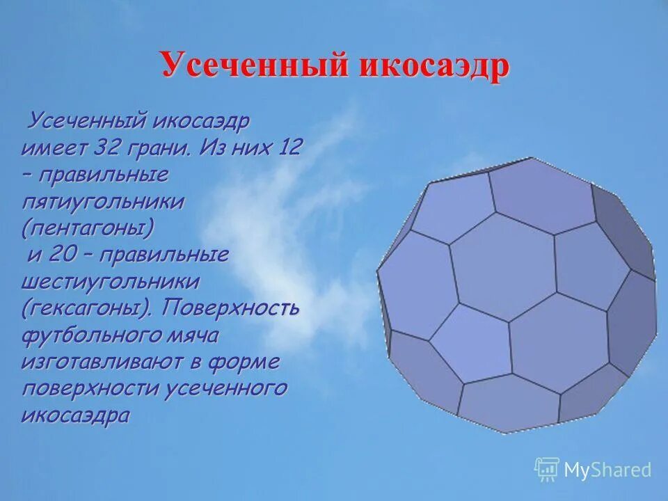 Сколько вершин у икосаэдра. Усеченный икосаэдр. Усеченный икосаэдр факты. Усеченный икосаэдр футбольный мяч. Правильный усеченный икосаэдр.