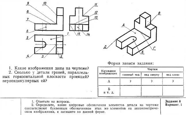 Используя данные чертеж ответьте на поставленные вопросы. Вопросы по черчению. Наглядное изображение детали. Виды изображений детали на чертеже. Вопросы по черчению с ответами.