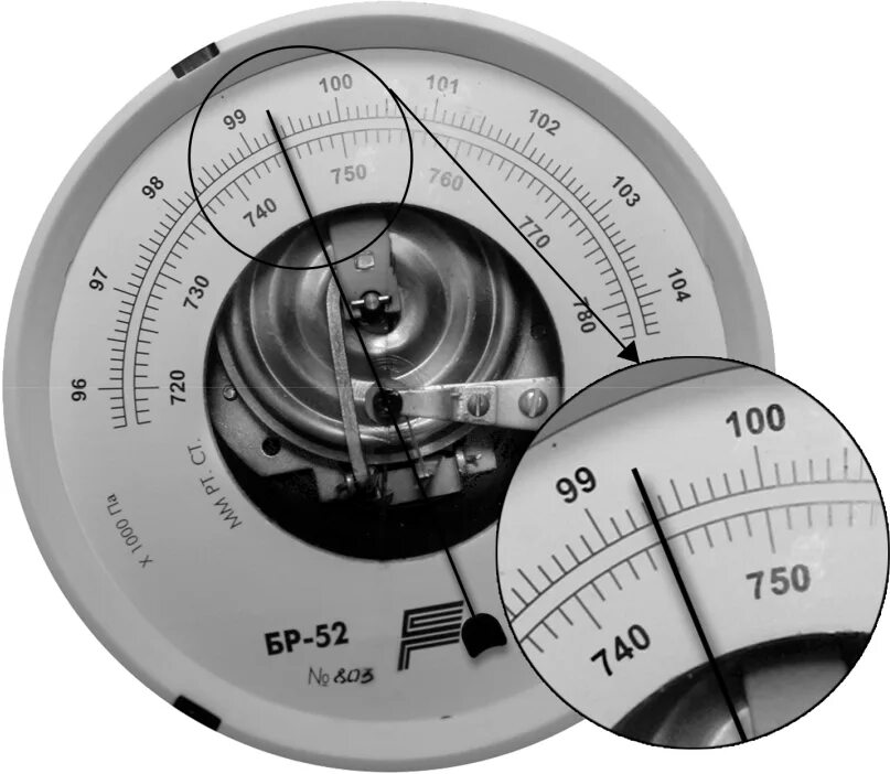 Анероид показывает давление 1013 гпа. Барометр анероид шкала измерения. Шкала барометра анероида. Нижняя шкала барометра проградуирована в мм РТ ст. Барометр анероид шкала в мм РТ ст.