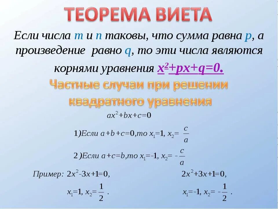 Сумма и произведение по виета. Теорема Виета. Частный случай квадратного уравнения. Частные случаи квадратных уравнений.
