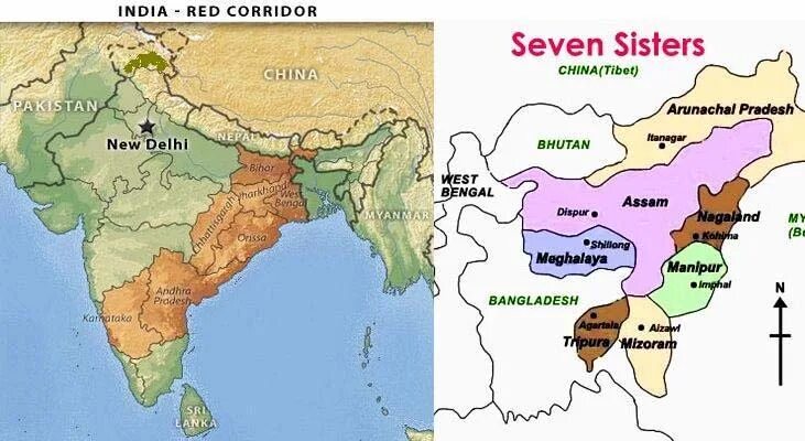 7 Сестер Индии. Семи сестер” Индии. Red Corridor India Map.