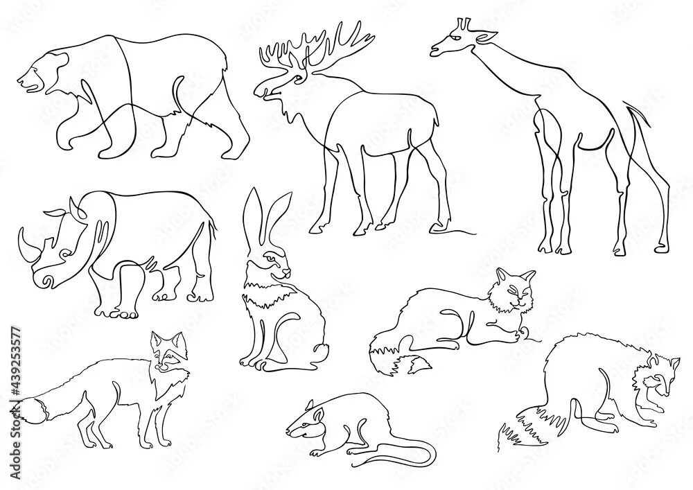 Рисунок непрерывной линией животные. Рисунок свободными линиями животные. Контур животных сафари. Животные в лесу векторный рисунок.