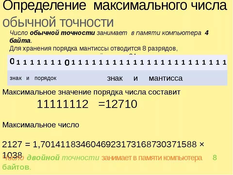 Точность чисел c. Число с плавающей запятой. число обычной точности. максимальная мантисса чисел. представление чисел с плавающей запятой в двоичном коде.