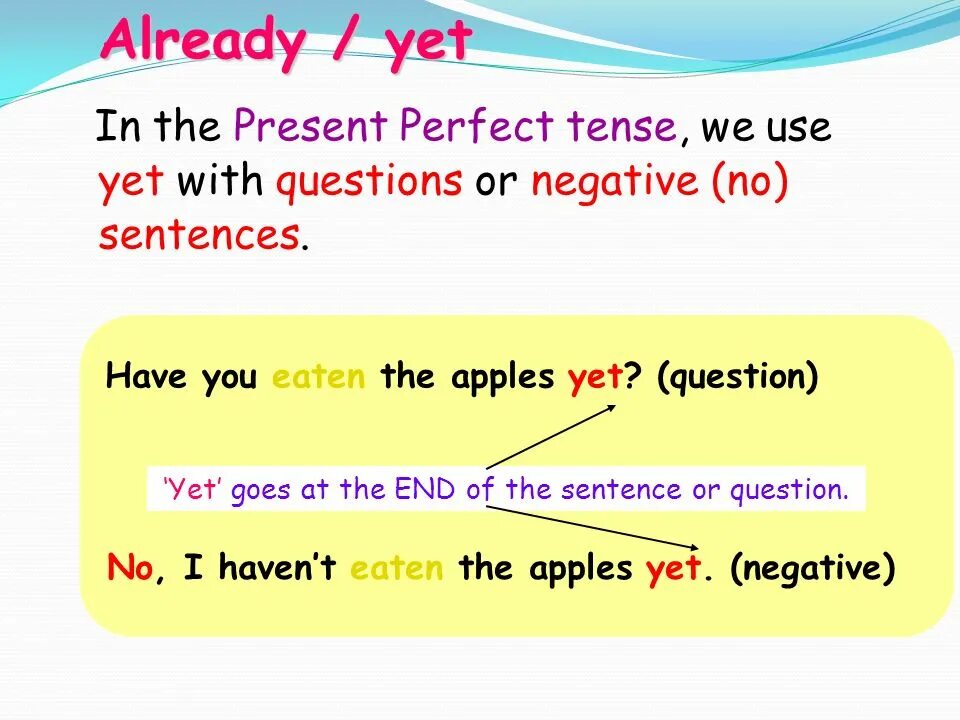 Present perfect already yet. Yet в презент Перфект. Already в презент Перфект. Already в вопросах present perfect.