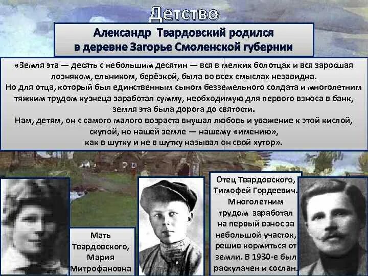 Твардовский родился в Смоленской. Твардовский в юности. О родине большой и малой твардовский читать