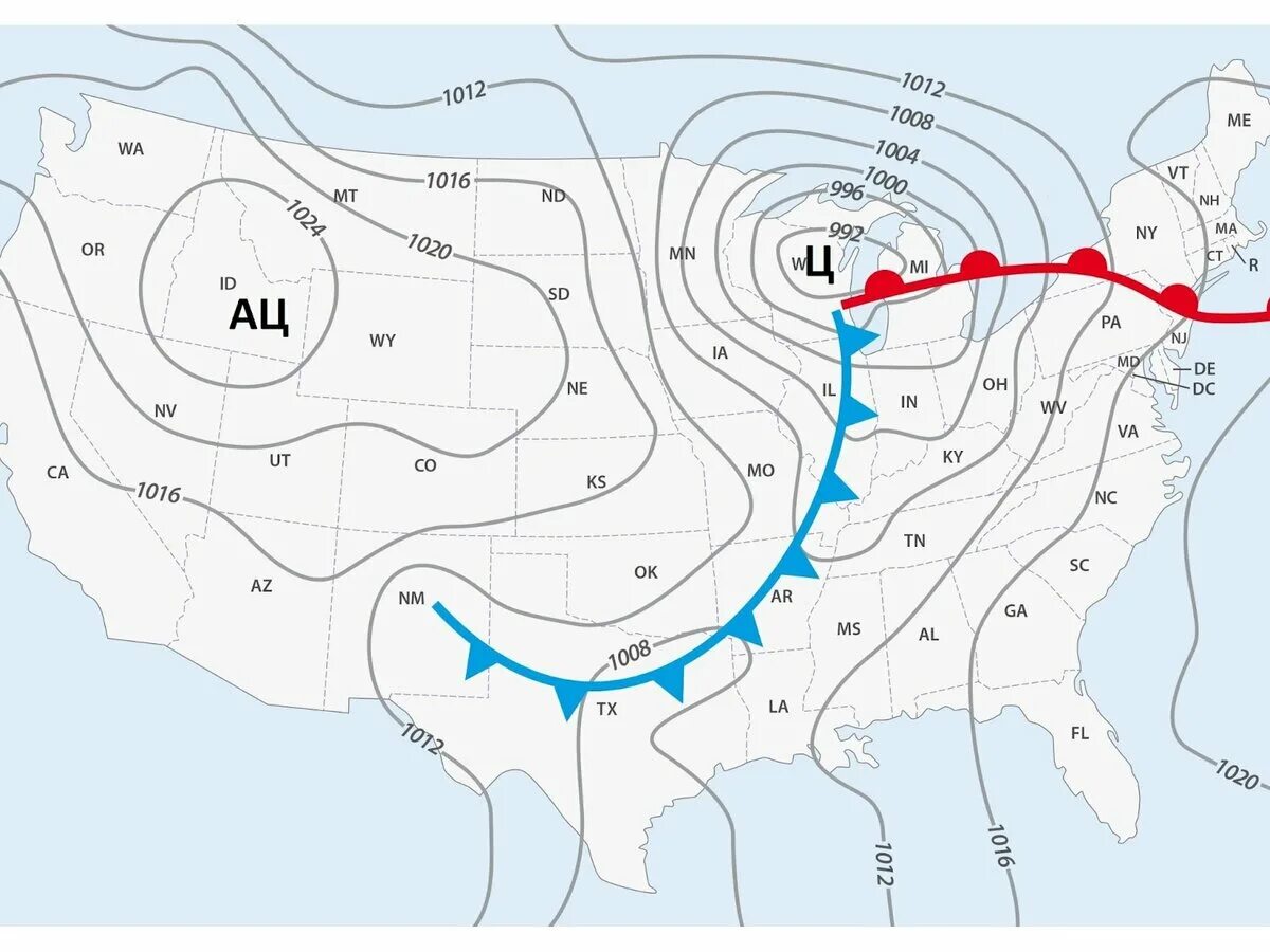 Карта погоды. Метеокарта США. Карта погоды США. Теплый фронт на синоптической карте.