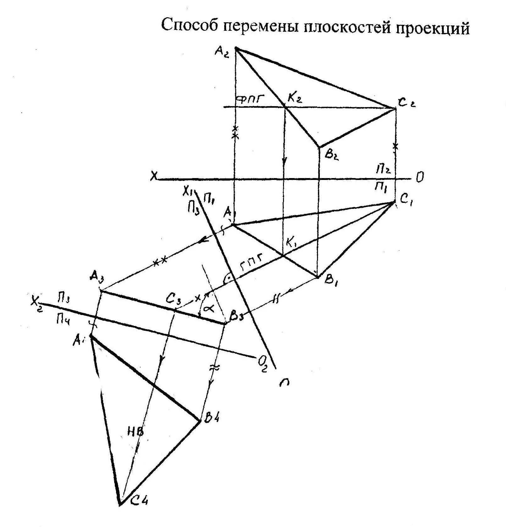 Методом замены плоскостей построить проекцию треугольника. Преобразование чертежа. Методом перемены плоскостей проекций.. Натуральная величина треугольника АВС метод замены. Метод перемены плоскостей проекций.