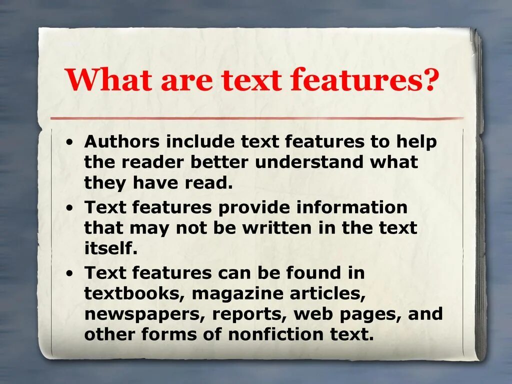 Include text 1. Text features. Included текст. Прочтите текст features of the character. Special features of texts.