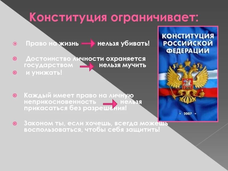 Граждане рф имеют неприкосновенность. Достоинство личности в Российской Федерации:. Право охраняется государством картинки. День Конституции доклад 4 класс. Достоинство личности Конституция.