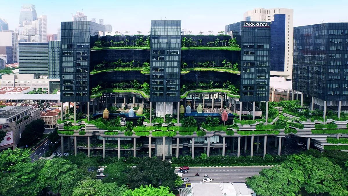 Большое зеленое г. Парк Роял Сингапур. Отель в Сингапуре PARKROYAL on Pickering. Парк Роял Сингапур архитектура. Экологичный небоскреб Park Royal Tower в Сингапуре.