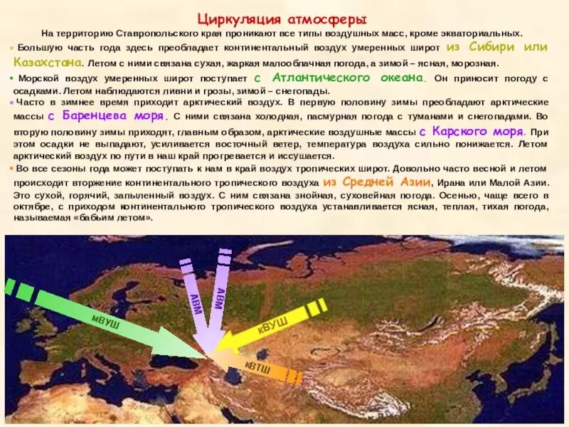 Континентальный тропический воздух. Континентальный воздух умеренных широт. Воздушные массы Ставропольского края. Преобладает континентальный воздух.