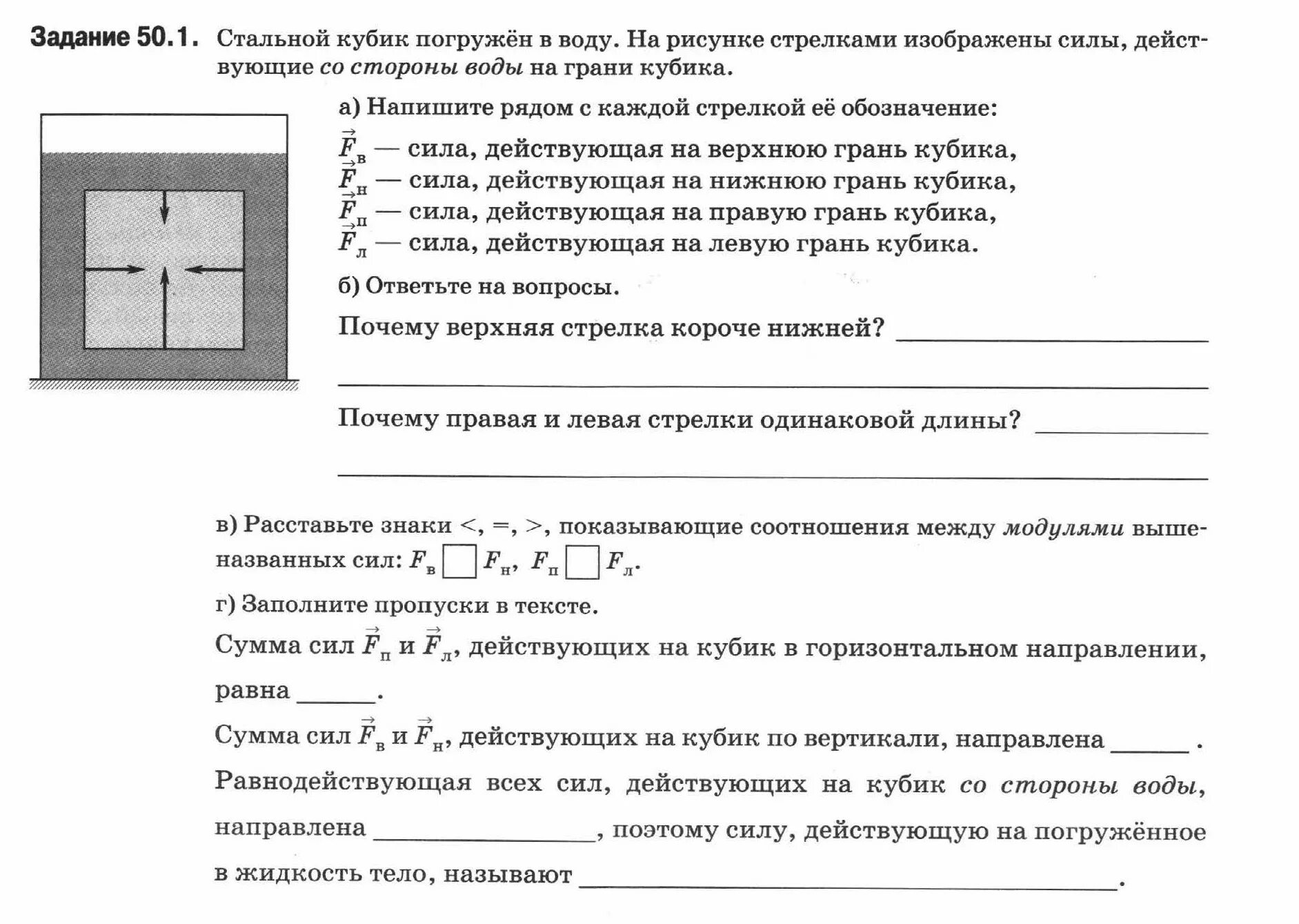 Стальной кубик погружен в воду. Стальной кубик погружённый в воду.. Стальной кубик погружен в воду на рисунке стрелками. Силы действующие на кубик погруженный в жидкость. Сумма сил действующая на кубик в горизонтальном направлении равна.