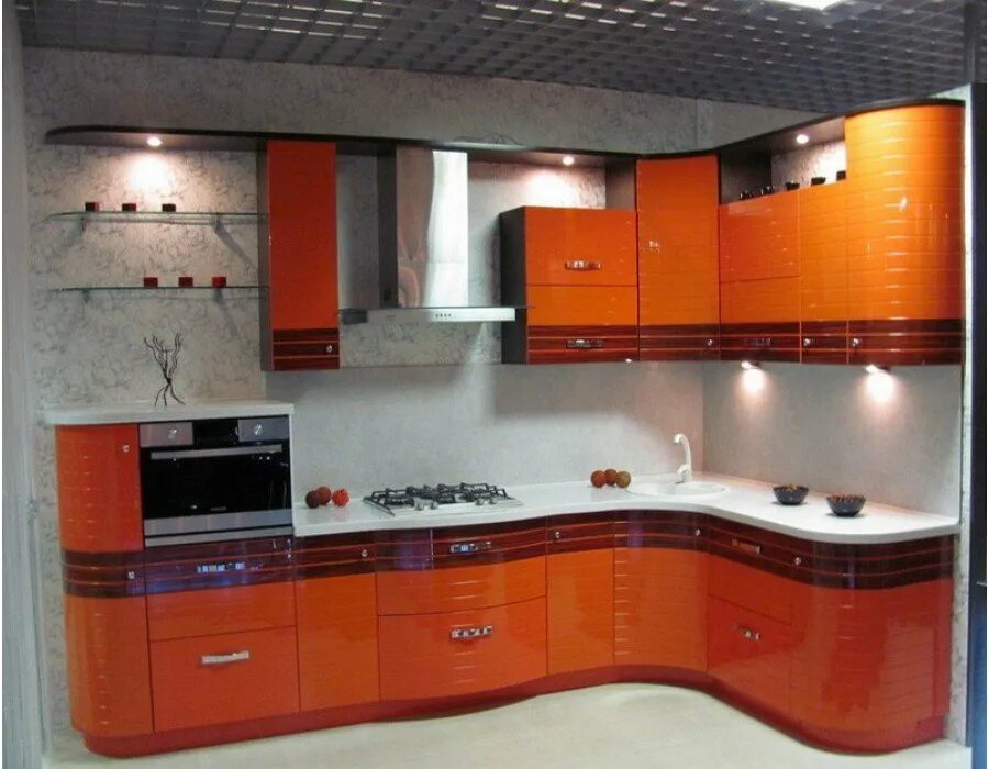 Купить кухню эмаль. Угловые кухни. Пластиковые кухни. Оранжевая угловая кухня. Кухонный гарнитур с радиусными фасадами.