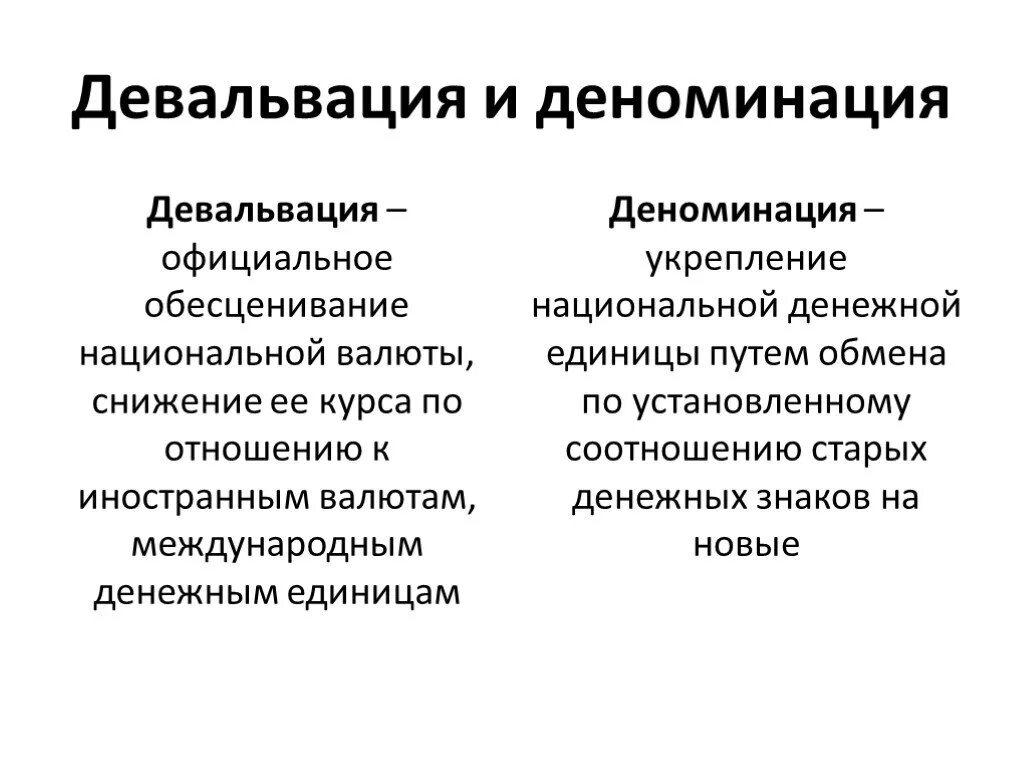 Девальвация национальной валюты способствует снижению. Девальвация и деноминация. Девальвация это. Девальвация национальной валюты. Деноминация ревальвация.