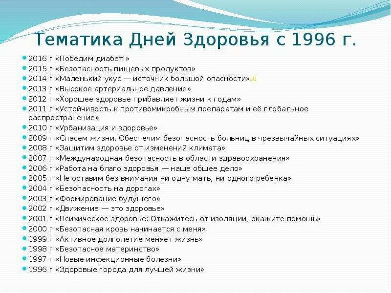 Названия всемирных дней. Тематика дня здоровья. Тематика Всемирных дней здоровья. Календарь Всемирных дней здоровья. День здоровья мероприятия.