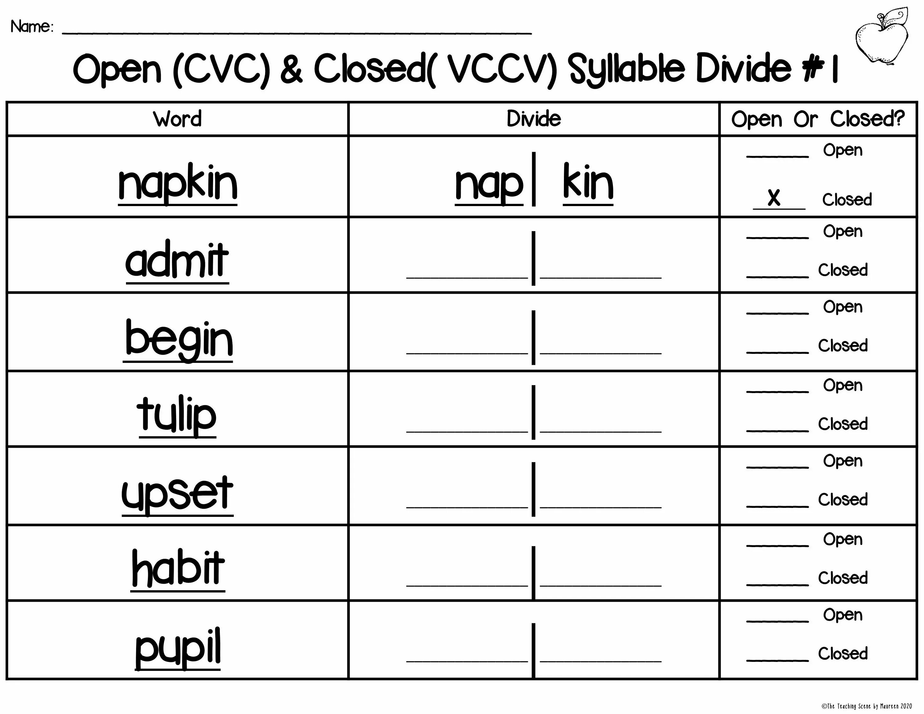 Open and closed syllable Worksheet. A open close syllable. Open syllable closed syllable. Types of syllables in English exercises. Английское слово open