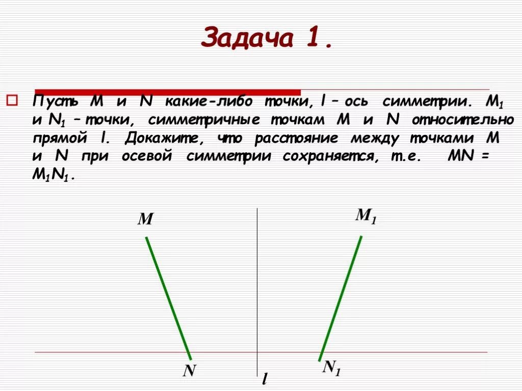 Понятие движения. Точка симметричная точке относительно прямой. Пусть м и н какие либо точки л ось симметрии м1 и н1. Какие из отмеченных точек симметричны относительно прямой l.