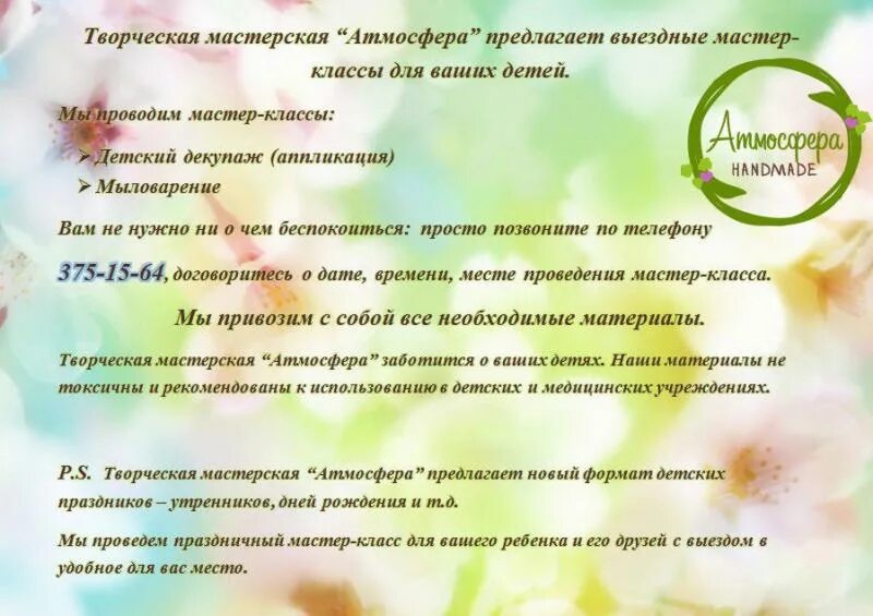 Программа проведения мастер класса. Объявление о проведении мастер класса.