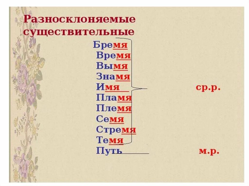 Разносклоняемые существительные в п п имеют окончания. Разносклоняемые существительные. Разносклоняемые имена существительные. Склонение разносклоняемых существительных. Разносклонякмые имена сущ.