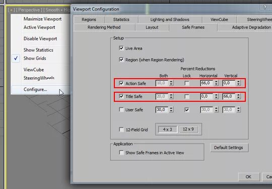 Viewport frames. Safe frames 3ds max. viewport configuration 3ds max. правило третей в 3д макс. вьюпорт 3ds max.