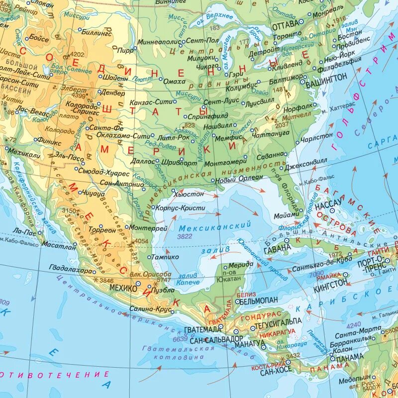 Физическая карта Северной Америки. Карта Северной Америки географическая. Физическая карта США. Подробная карта Северной Америки.