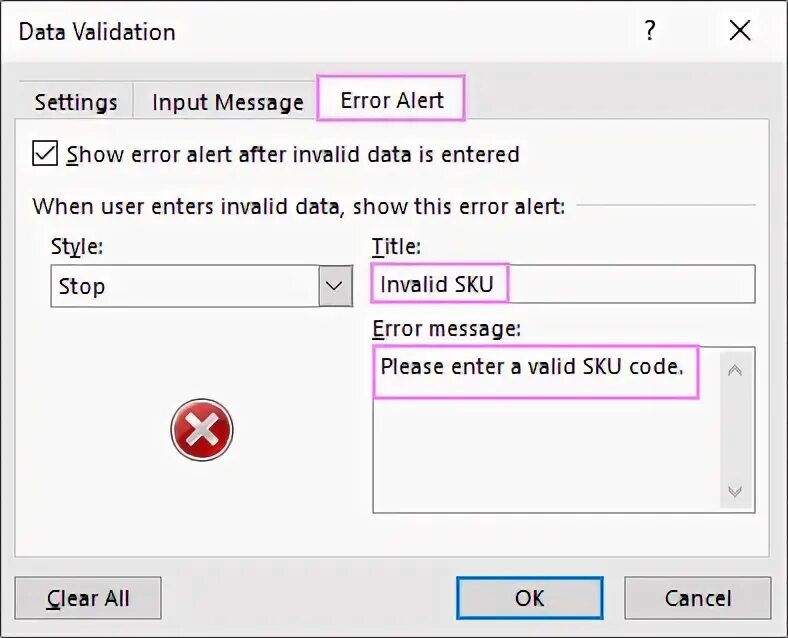 Validation error code