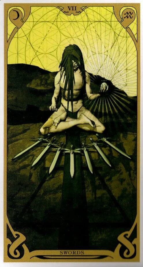 7 мечей и солнце. семерка мечей таро. 7 мечей и солнце. 7 мечей райдер уэйт. карта таро семерка мечей.